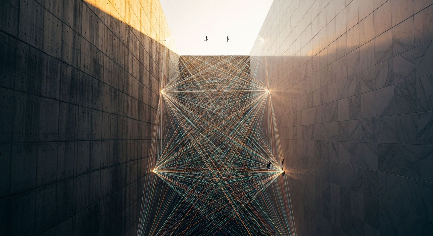 A web of colorful lines stretching between two concrete walls, illustrating infinite connections between two points