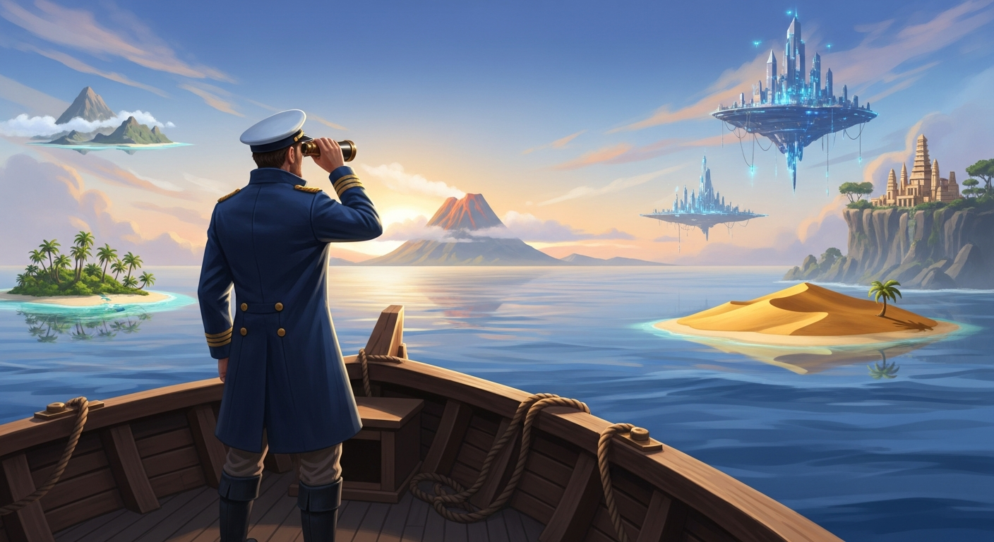 A ship's captain in a wooden rowboat looking through binoculars across a sun-lit sea toward distant islands and floating cities on the horizon